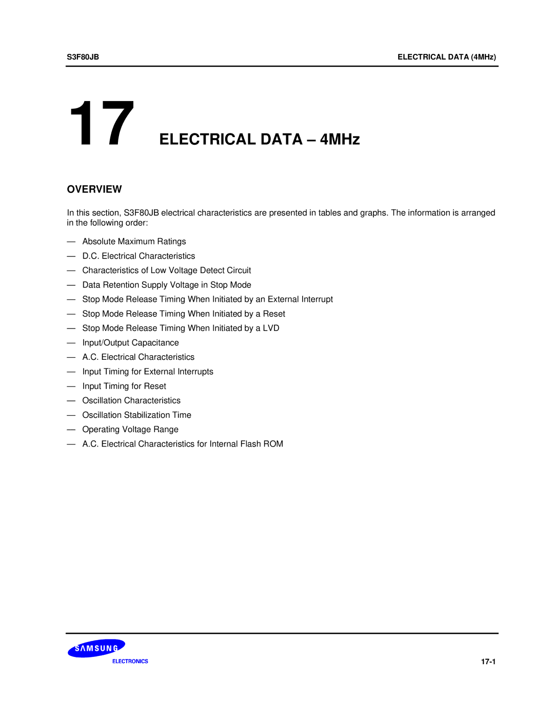 Samsung S3F80JB manual Electrical Data 4MHz 