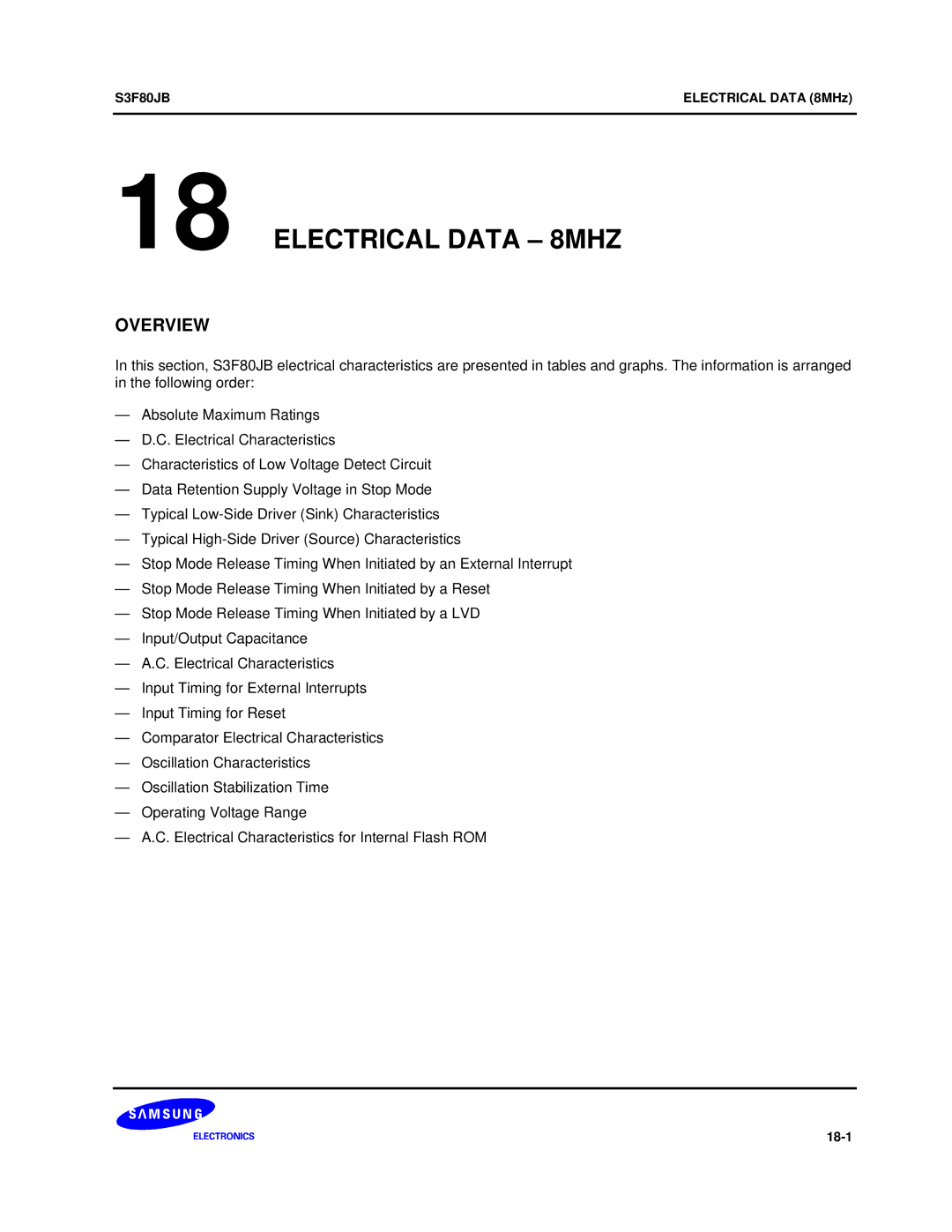 Samsung S3F80JB manual Electrical Data 8MHZ 