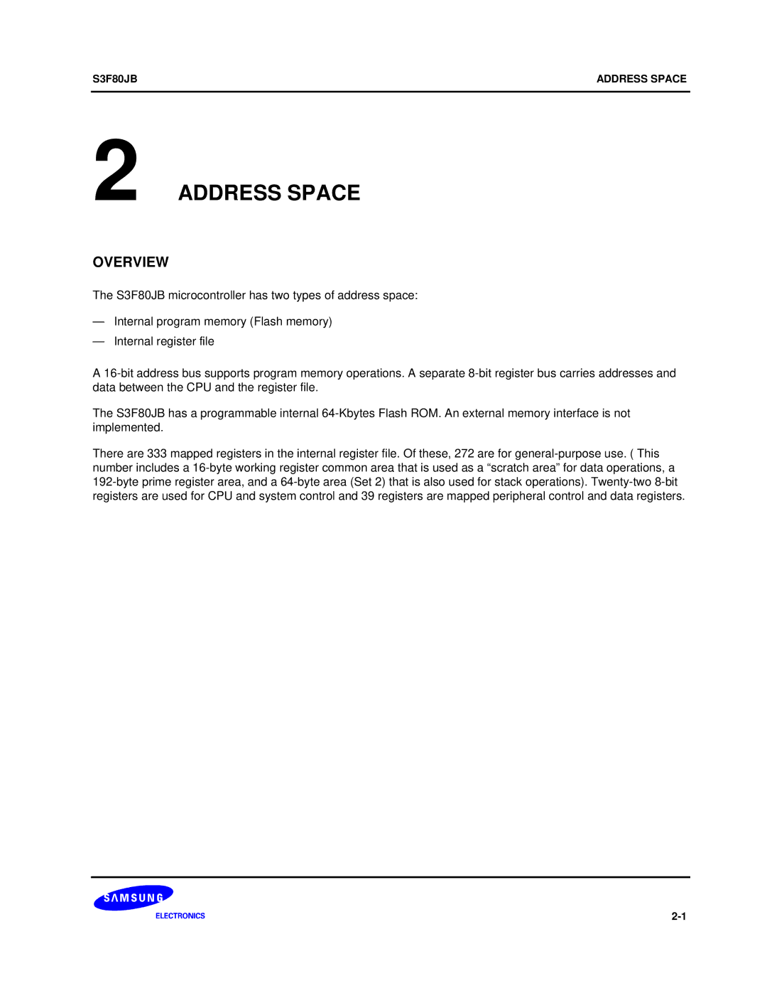 Samsung S3F80JB manual Address Space, Overview 