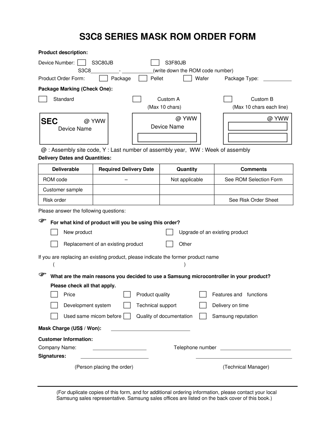 Samsung S3F80JB manual Product description, Package Marking Check One, Customer sample Risk order, Signatures 