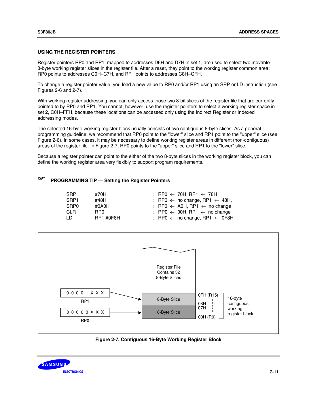 Samsung S3F80JB manual Using the Register Pointers, Programming TIP Setting the Register Pointers 