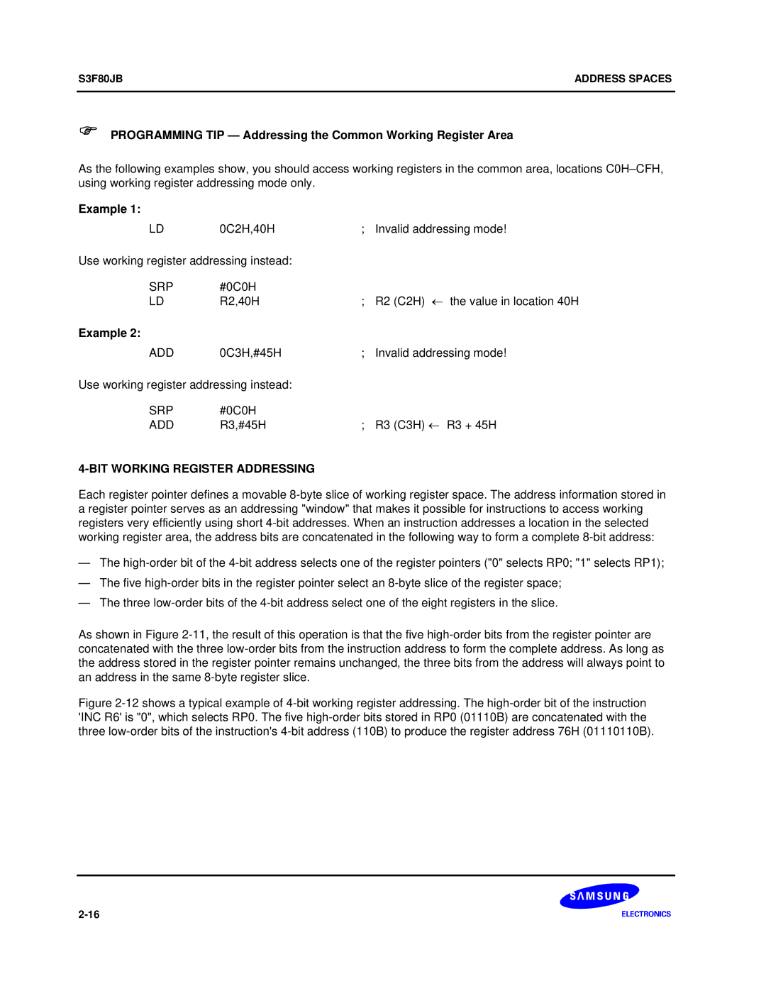 Samsung S3F80JB Programming TIP Addressing the Common Working Register Area, Example, BIT Working Register Addressing 