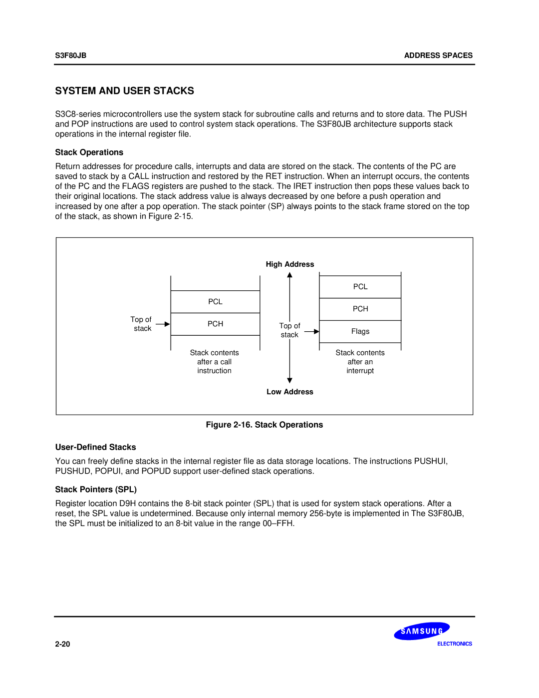 Samsung S3F80JB manual System and User Stacks, Stack Operations, Stack Pointers SPL 