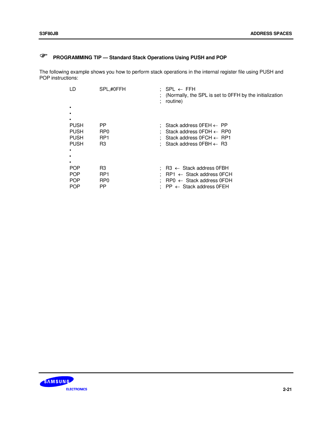 Samsung S3F80JB manual SPL,#0FFH SPL ← FFH, Push RP0, Push RP1, POP RP1, POP RP0 