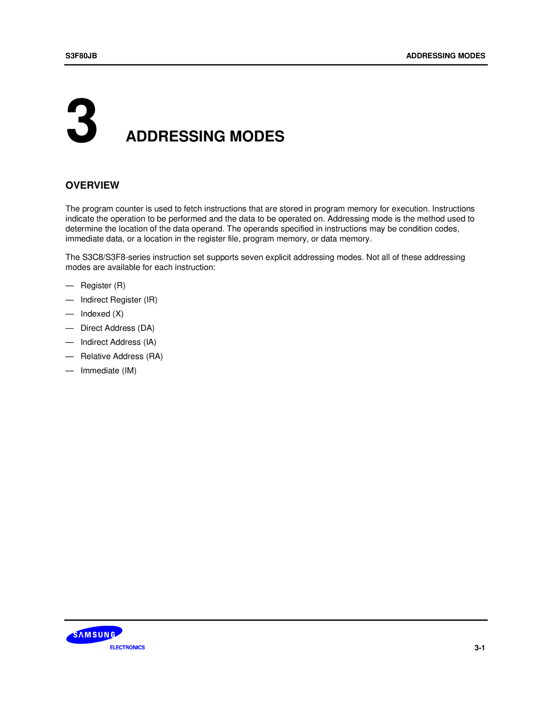 Samsung S3F80JB manual Addressing Modes 