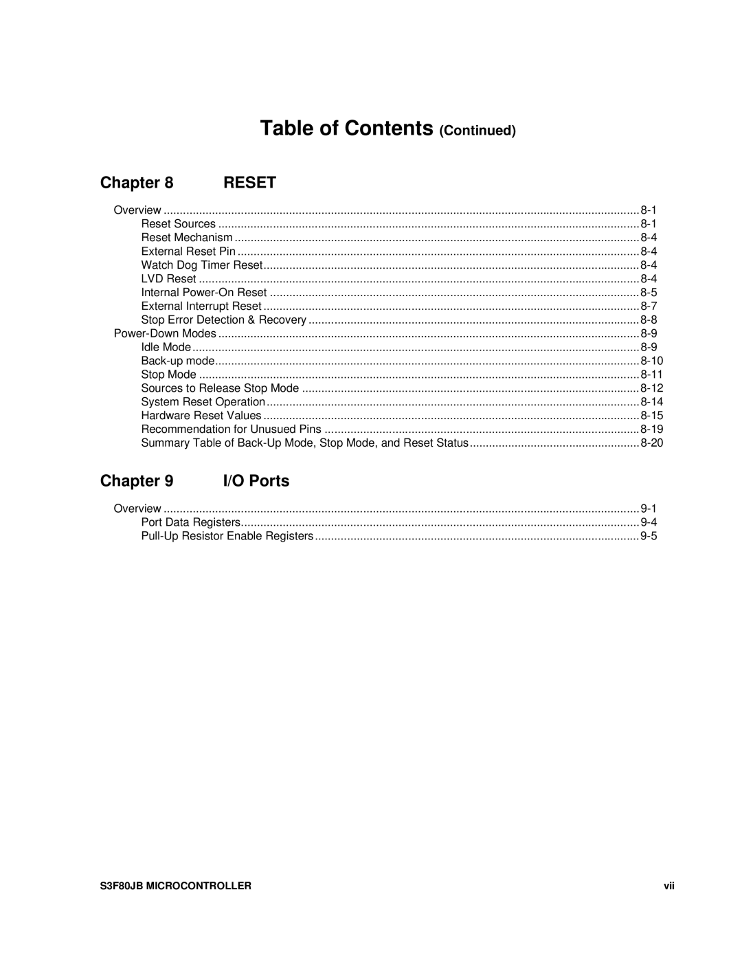 Samsung S3F80JB manual Summary Table of Back-Up Mode, Stop Mode, and Reset Status 