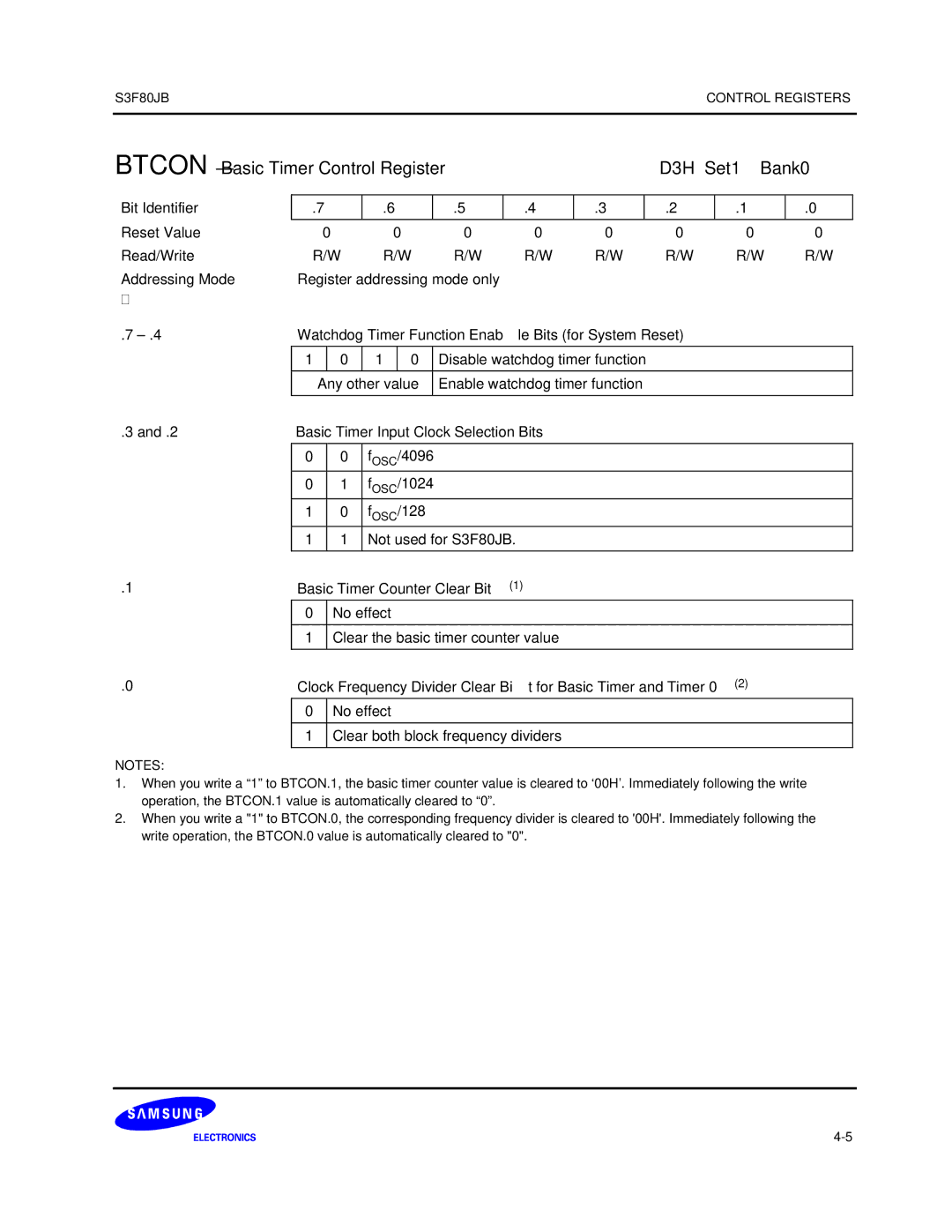 Samsung S3F80JB Btcon Basic Timer Control Register D3H Set1 Bank0, Bit Identifier Reset Value Read/Write Addressing Mode 