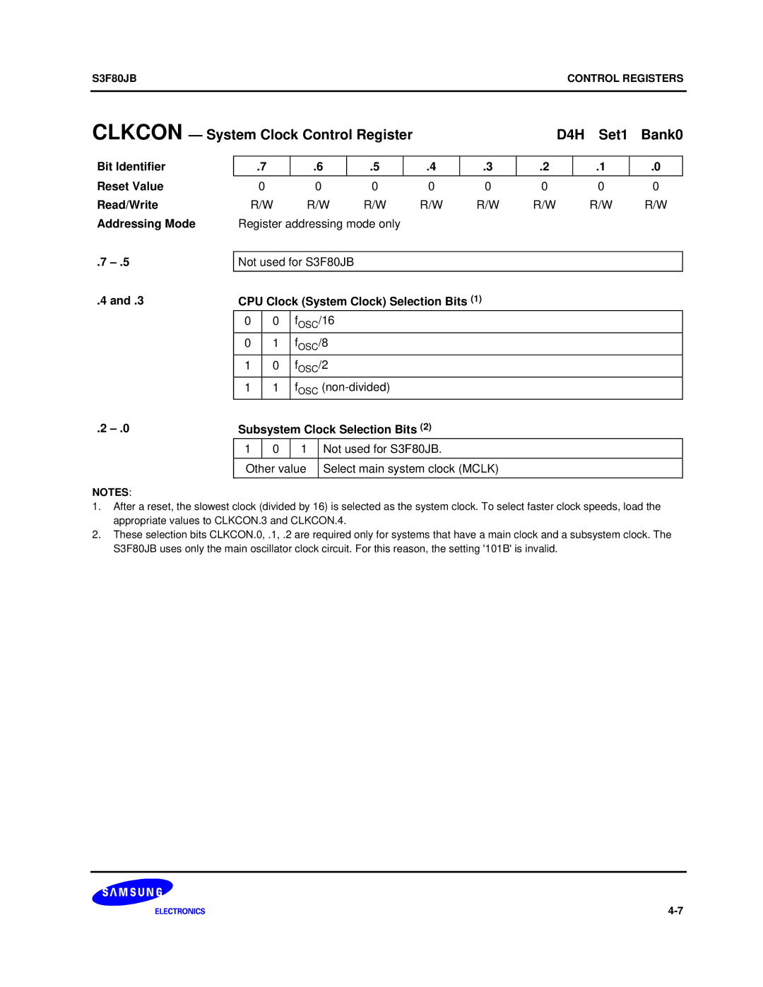 Samsung S3F80JB manual Clkcon System Clock Control Register D4H Set1 Bank0, CPU Clock System Clock Selection Bits 