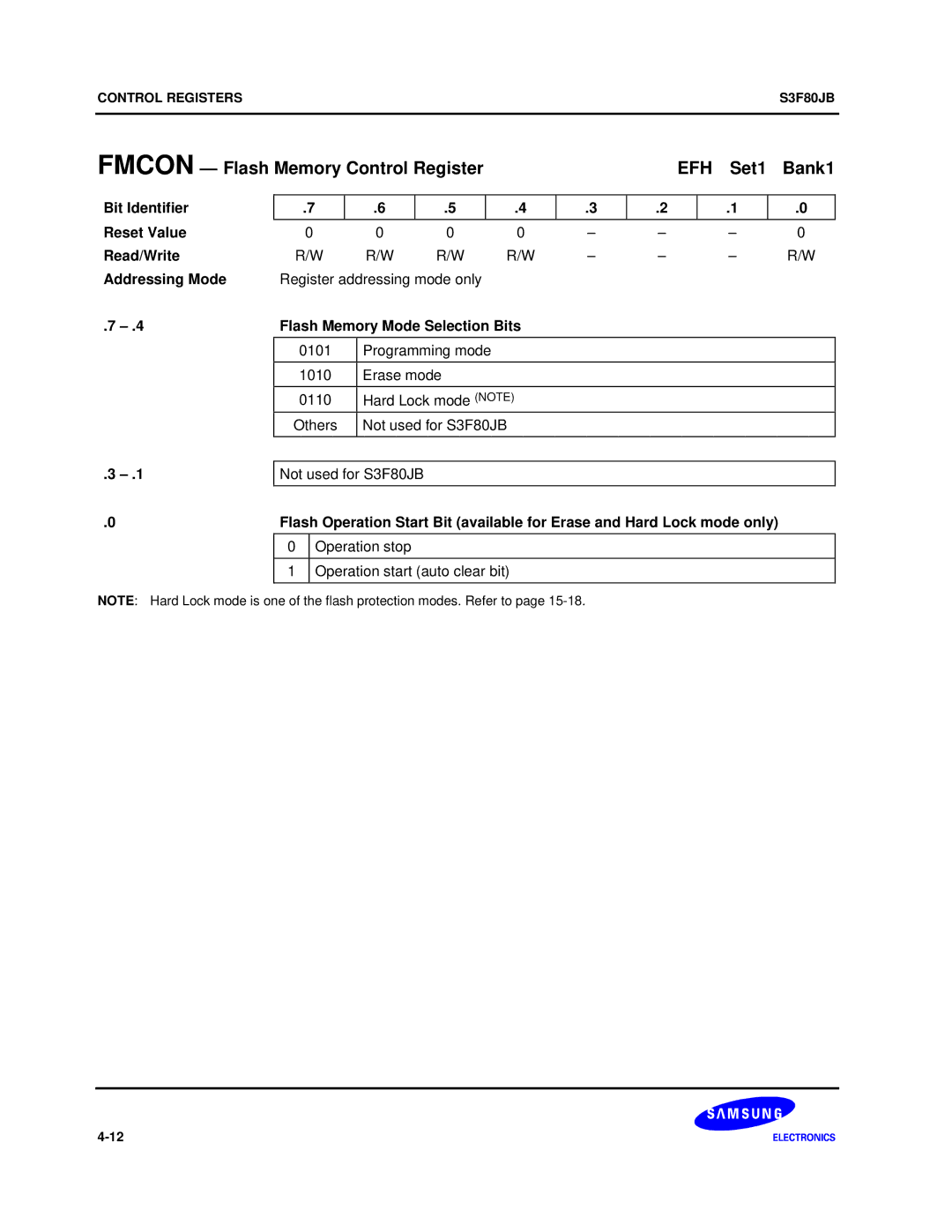 Samsung S3F80JB manual Fmcon Flash Memory Control Register EFH Set1 Bank1, Flash Memory Mode Selection Bits 