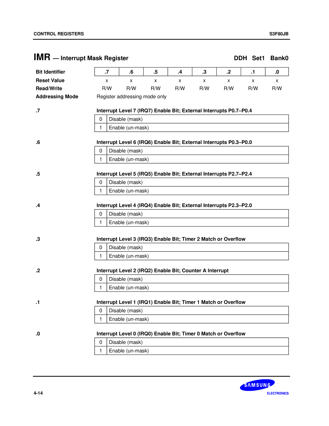 Samsung S3F80JB IMR Interrupt Mask Register DDH Set1 Bank0, Interrupt Level 3 IRQ3 Enable Bit Timer 2 Match or Overflow 