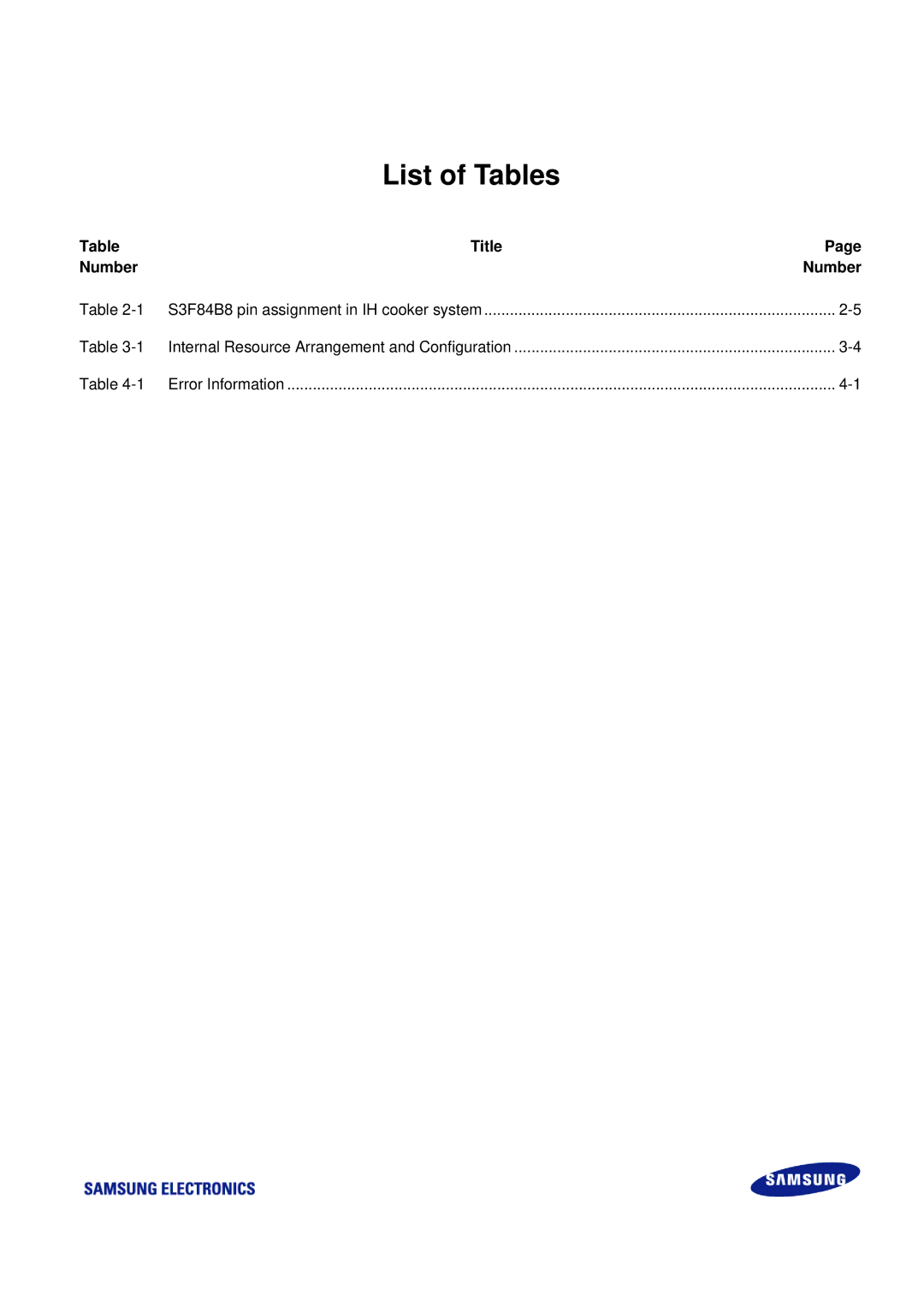 Samsung S3F84B8 manual List of Tables 