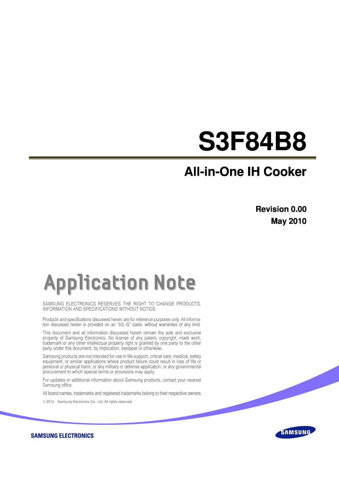 Samsung S3F84B8 manual Revision May, Application Note, All-in-One IH Cooker 
