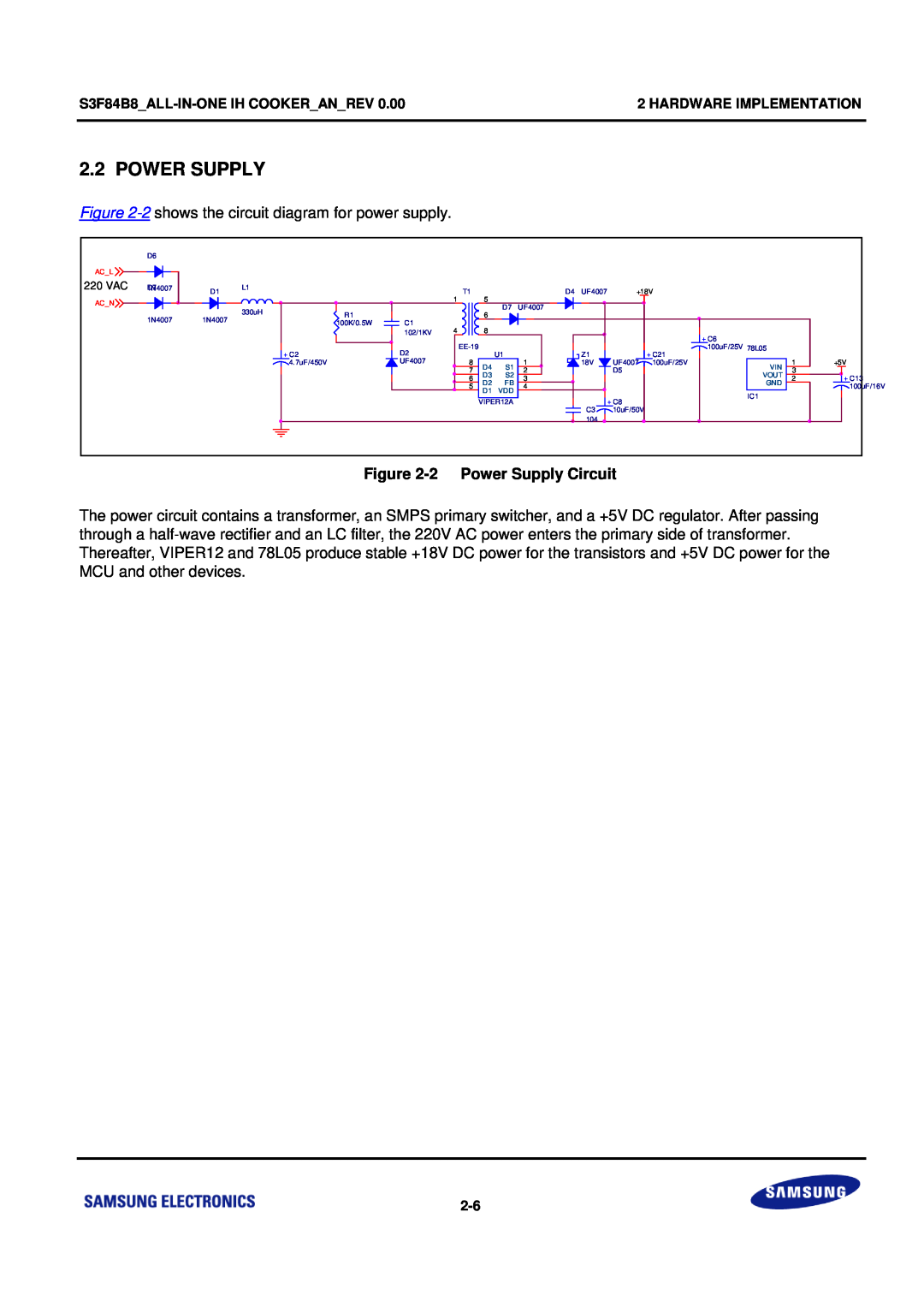 Samsung S3F84B8 manual 2 Power Supply Circuit 