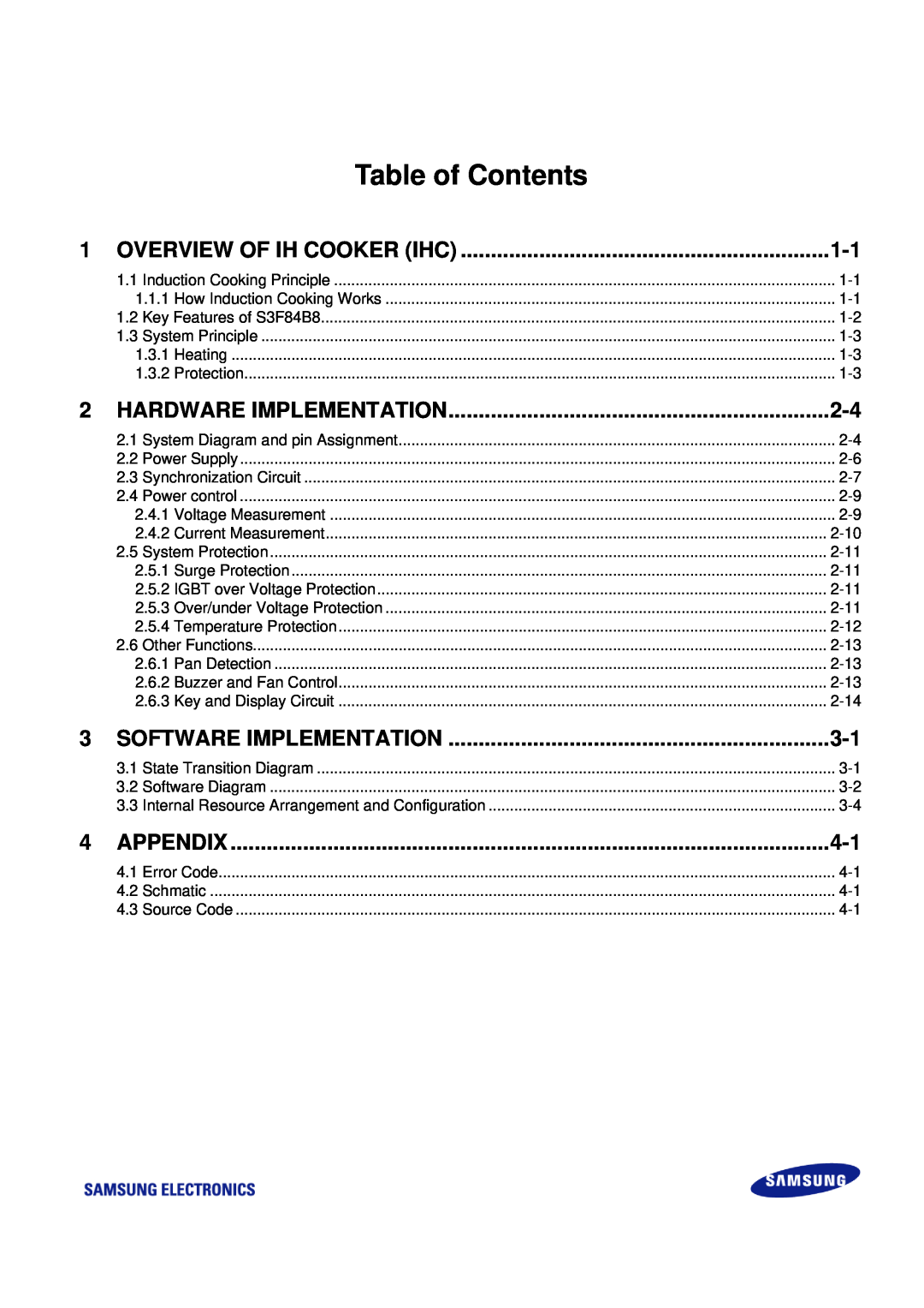 Samsung S3F84B8 Table of Contents, Overview Of Ih Cooker Ihc, Hardware Implementation, Software Implementation, Appendix 