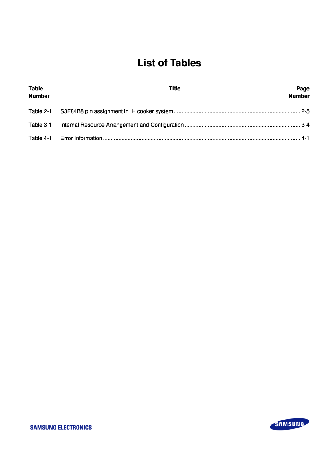 Samsung S3F84B8 manual List of Tables, Title, Page, Number 