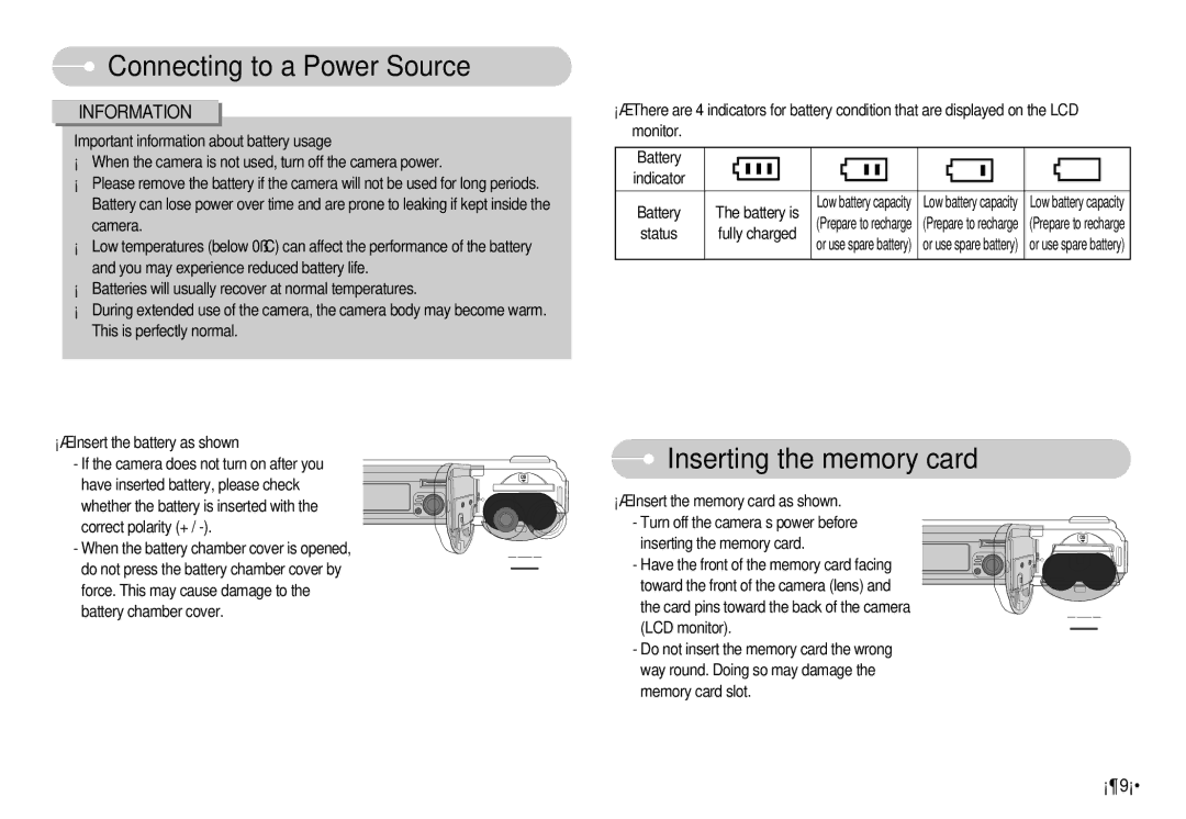 Samsung S500 user manual Connecting to a Power Source, Inserting the memory card 