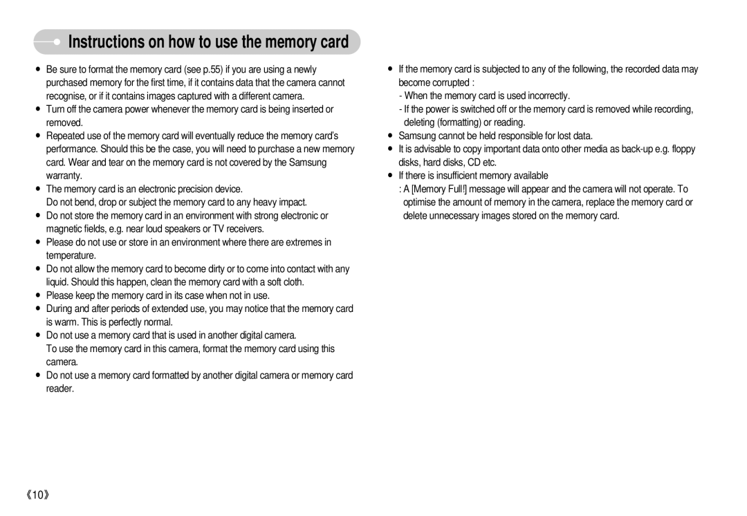 Samsung S500 user manual Instructions on how to use the memory card 