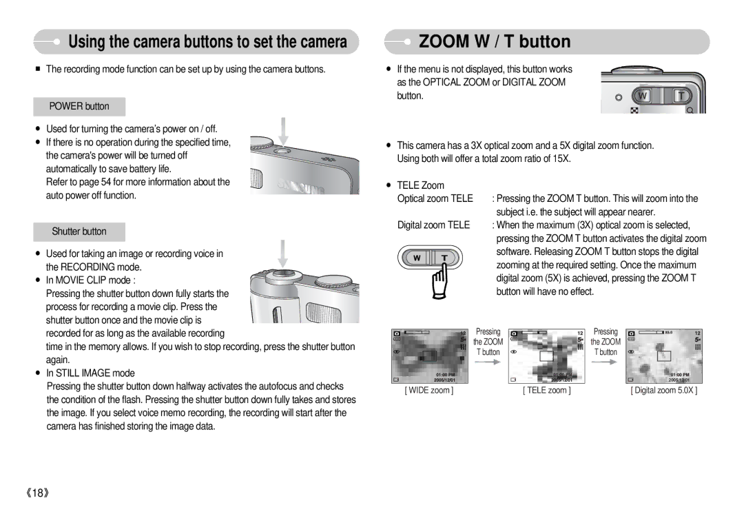 Samsung S500 user manual Zoom W / T button 