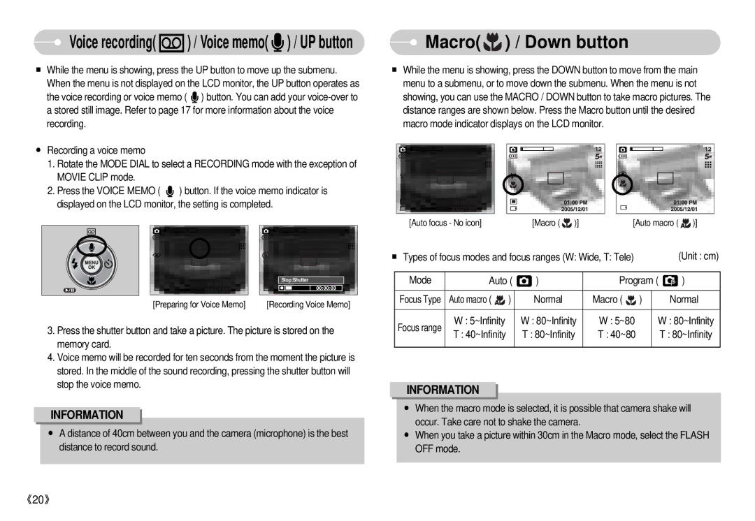 Samsung S500 user manual Macro / Down button, Voice recording / Voice memo / UP button 