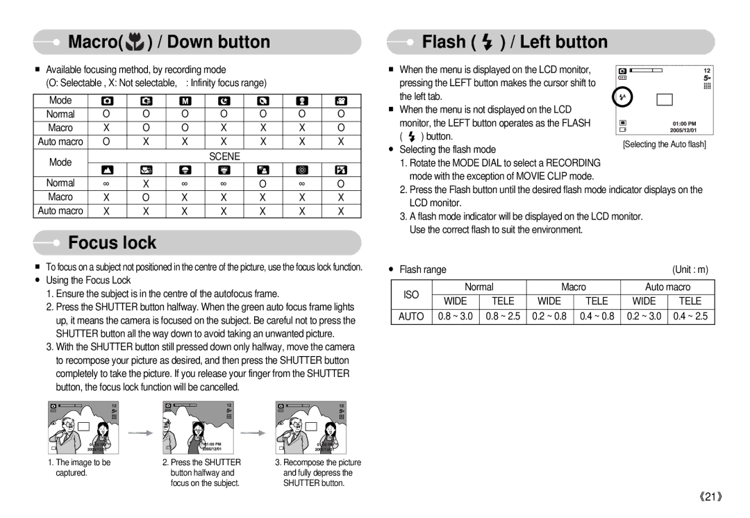 Samsung S500 user manual Focus lock, Flash / Left button, Iso, Wide Tele Auto 