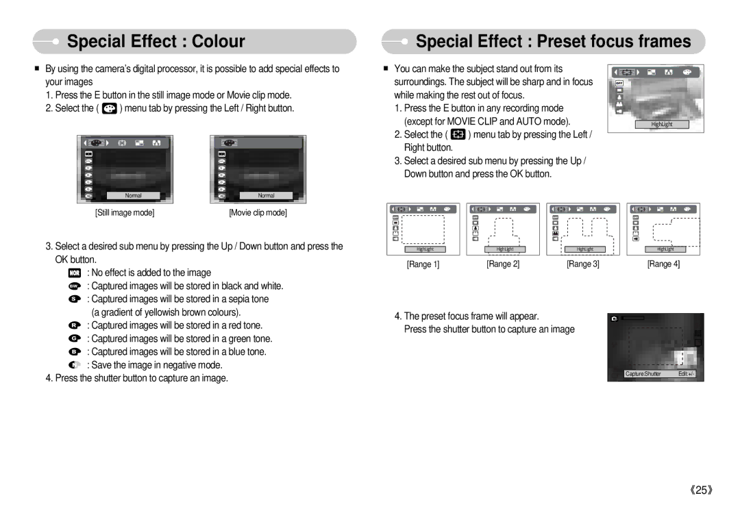 Samsung S500 user manual Special Effect Colour, Special Effect Preset focus frames 