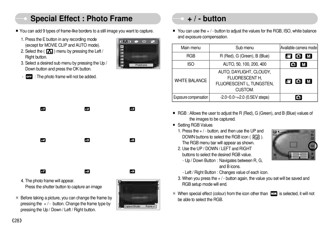 Samsung S500 user manual Special Effect Photo Frame, + / button, Rgb 