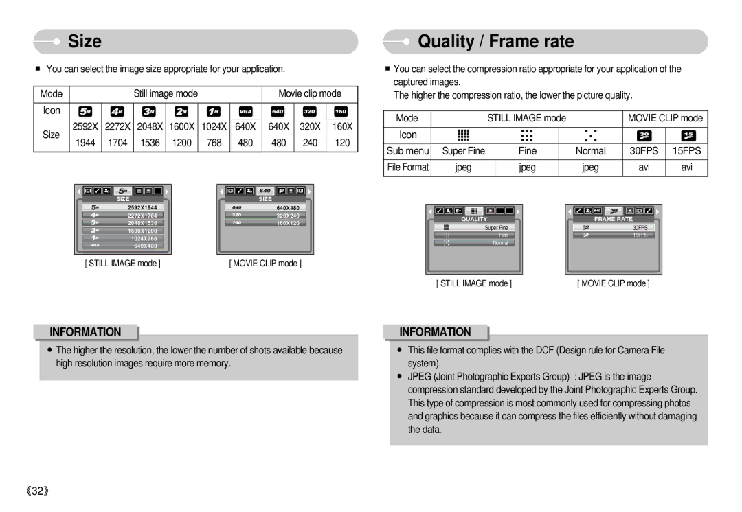 Samsung S500 user manual Size, Quality / Frame rate 