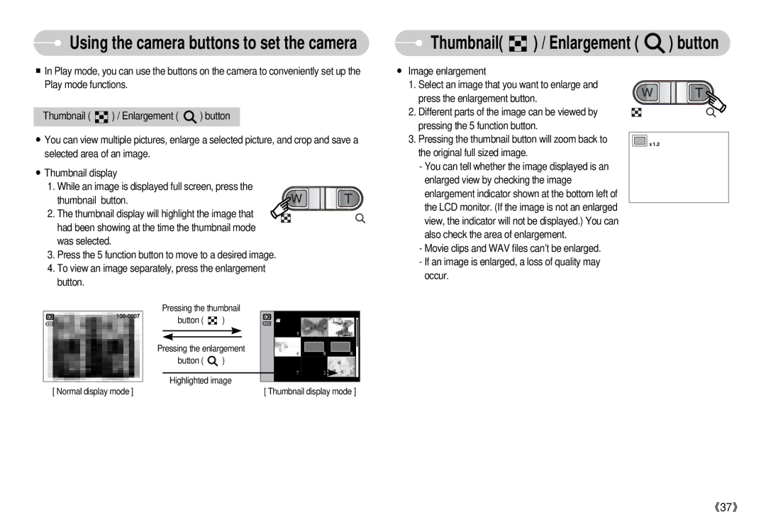 Samsung S500 user manual Thumbnail / Enlargement button 