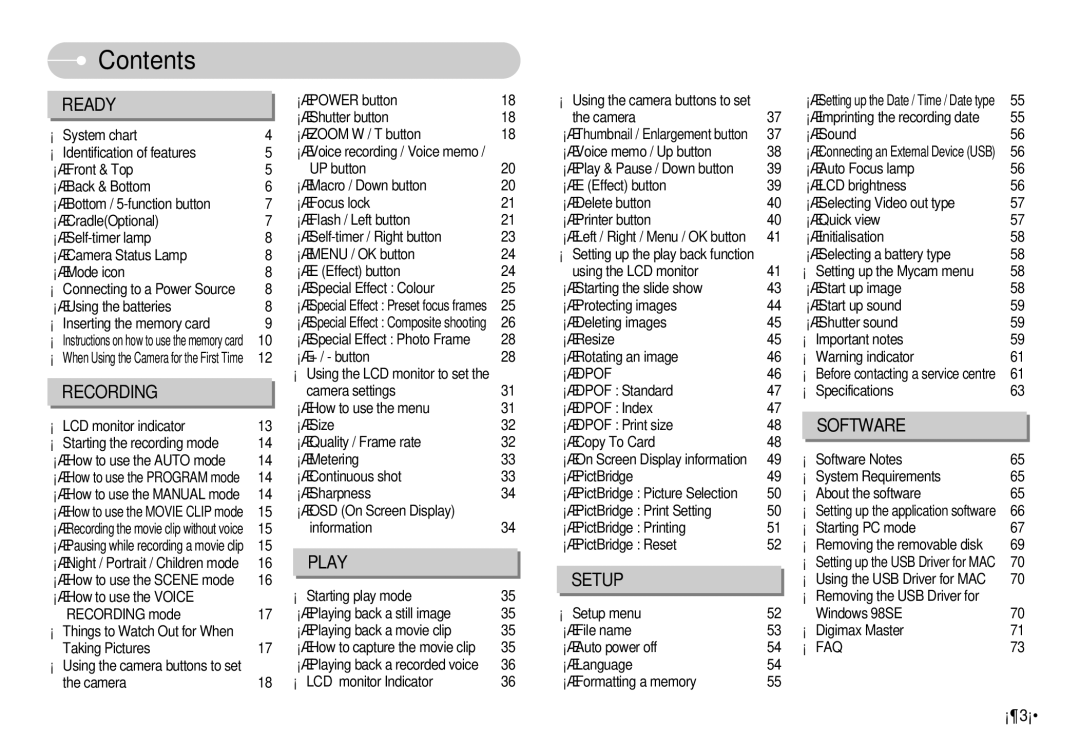 Samsung S500 user manual Contents 