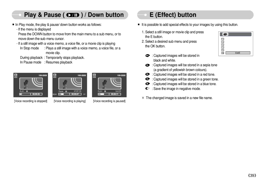 Samsung S500 user manual Play & Pause / Down button, Effect button 