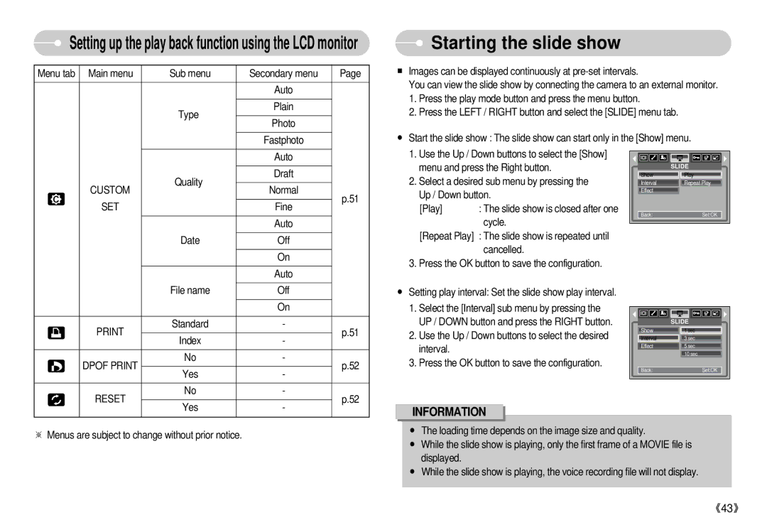 Samsung S500 user manual Starting the slide show, Dpof Print, Reset 