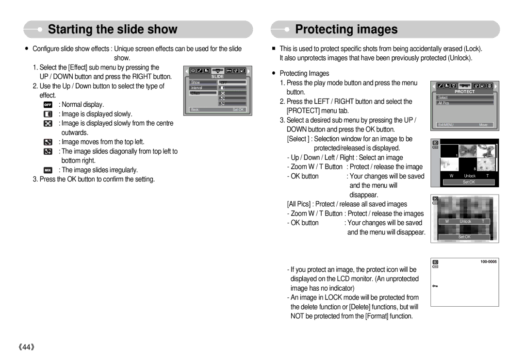 Samsung S500 user manual Protecting images 