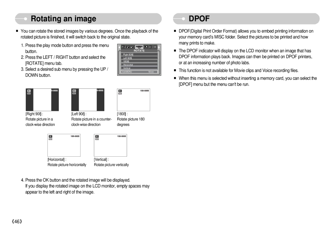 Samsung S500 user manual Rotating an image, Dpof 