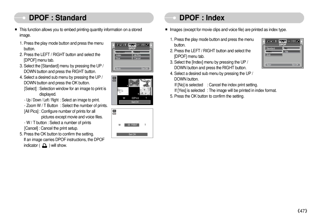 Samsung S500 user manual Dpof Standard, Dpof Index 