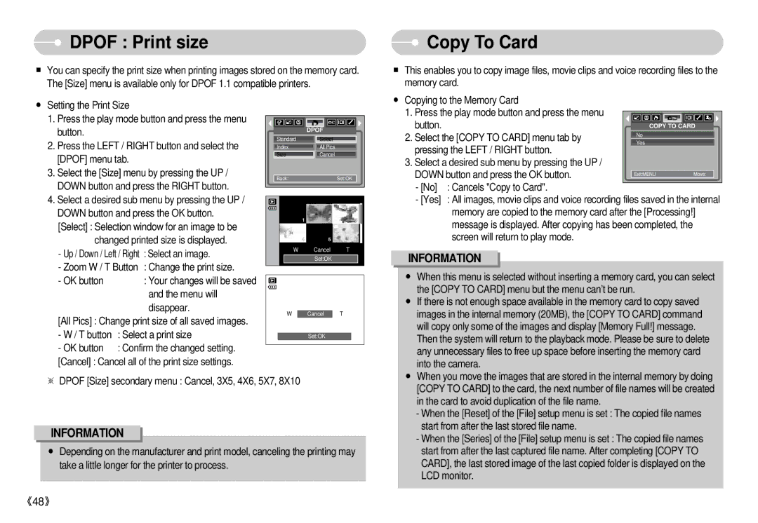 Samsung S500 user manual Dpof Print size, Copy To Card 