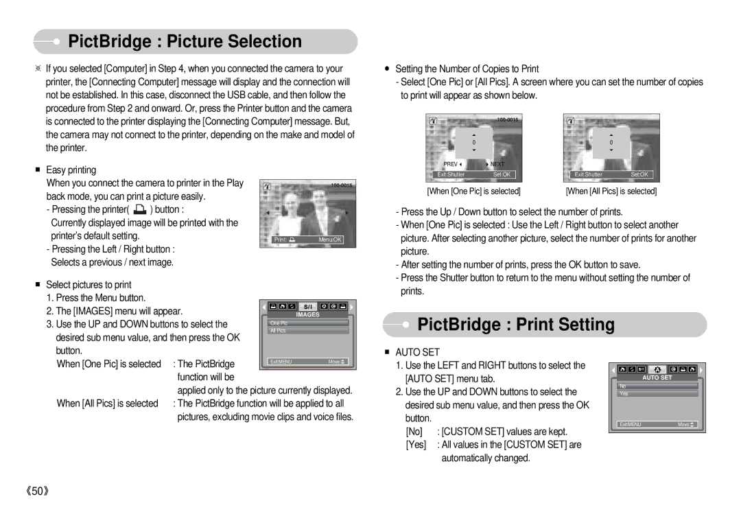 Samsung S500 user manual PictBridge Picture Selection, PictBridge Print Setting 