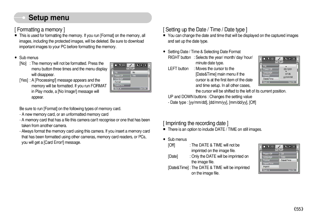 Samsung S500 user manual Formatting a memory 