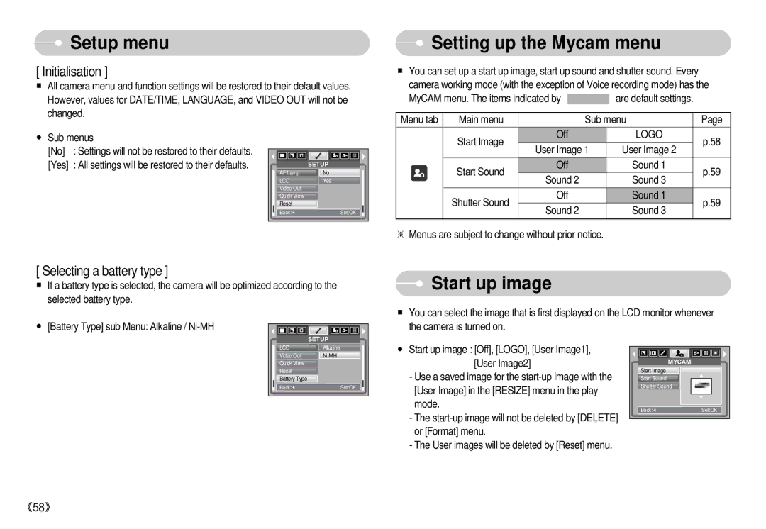 Samsung S500 user manual Setting up the Mycam menu, Start up image, Logo 