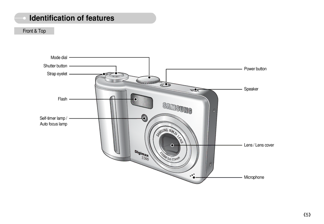 Samsung S500 user manual Identification of features, Front & Top 