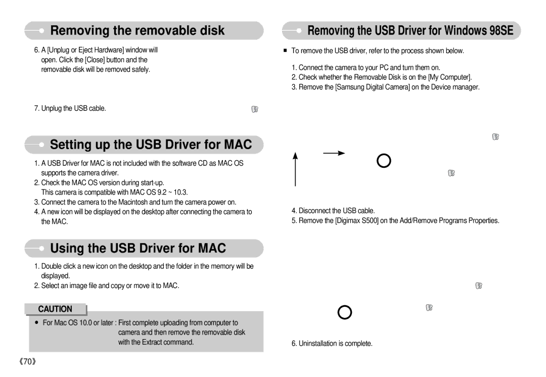 Samsung S500 user manual Setting up the USB Driver for MAC, Using the USB Driver for MAC 