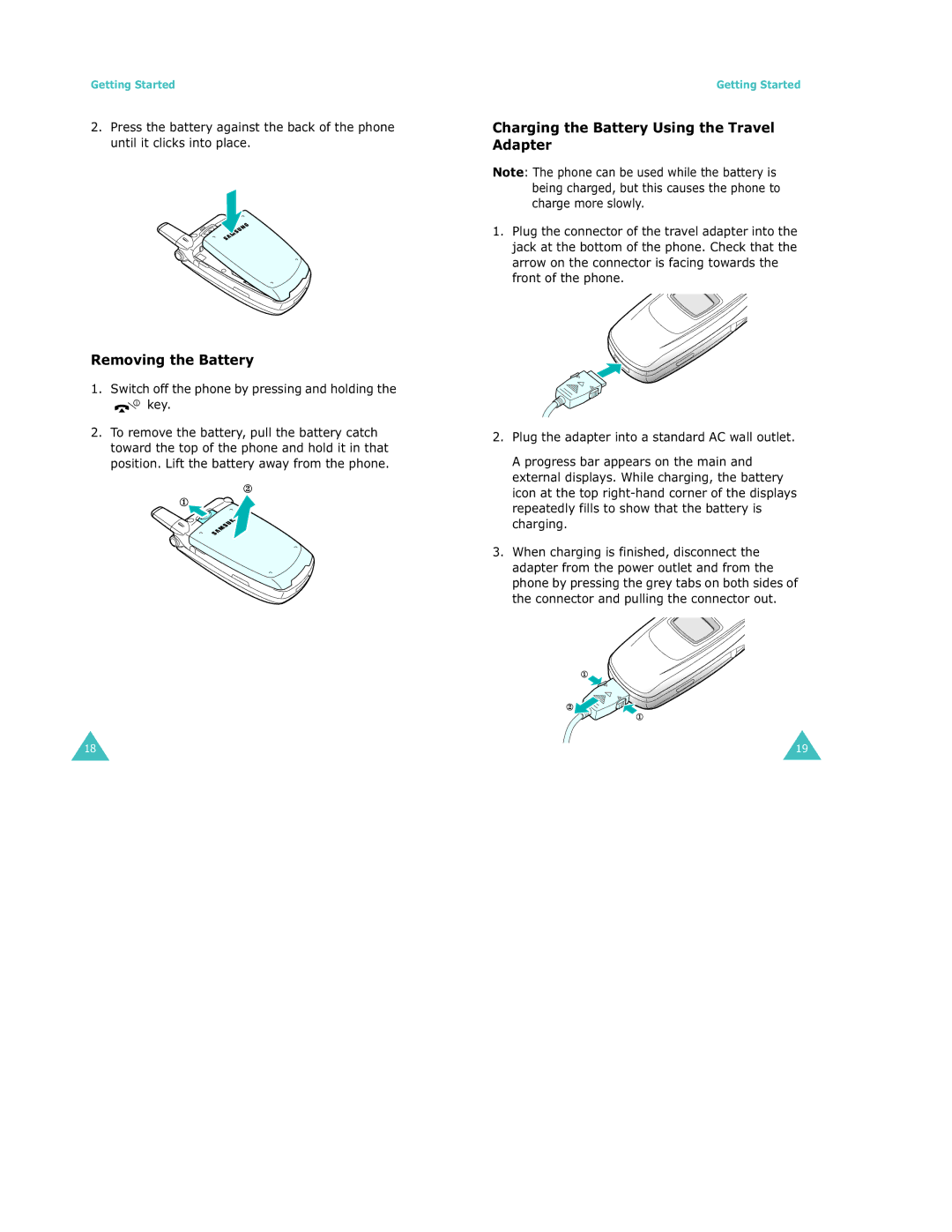 Samsung S500 manual Removing the Battery, Charging the Battery Using the Travel Adapter 