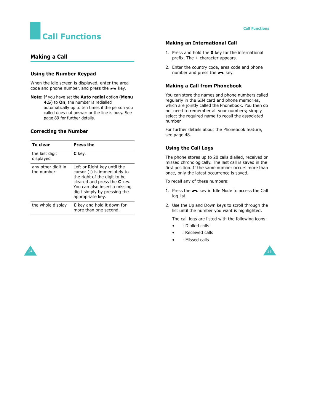 Samsung S500 manual Call Functions, Making a Call 