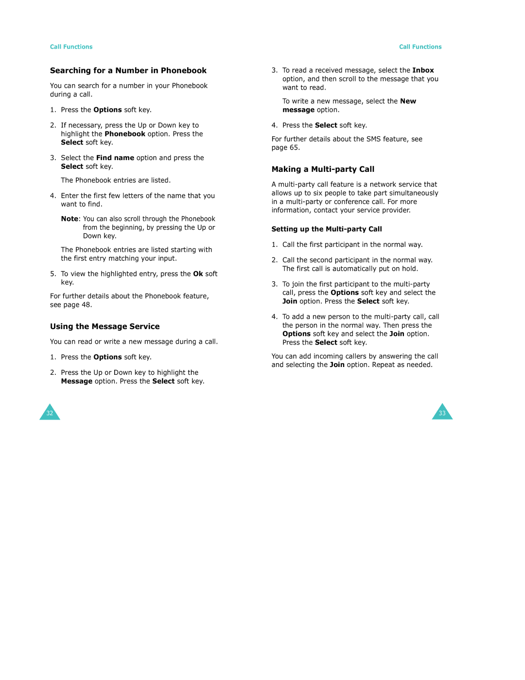 Samsung S500 manual Searching for a Number in Phonebook, Using the Message Service, Making a Multi-party Call 