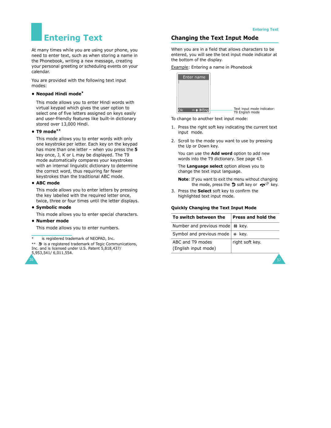 Samsung S500 manual Entering Text, Changing the Text Input Mode 