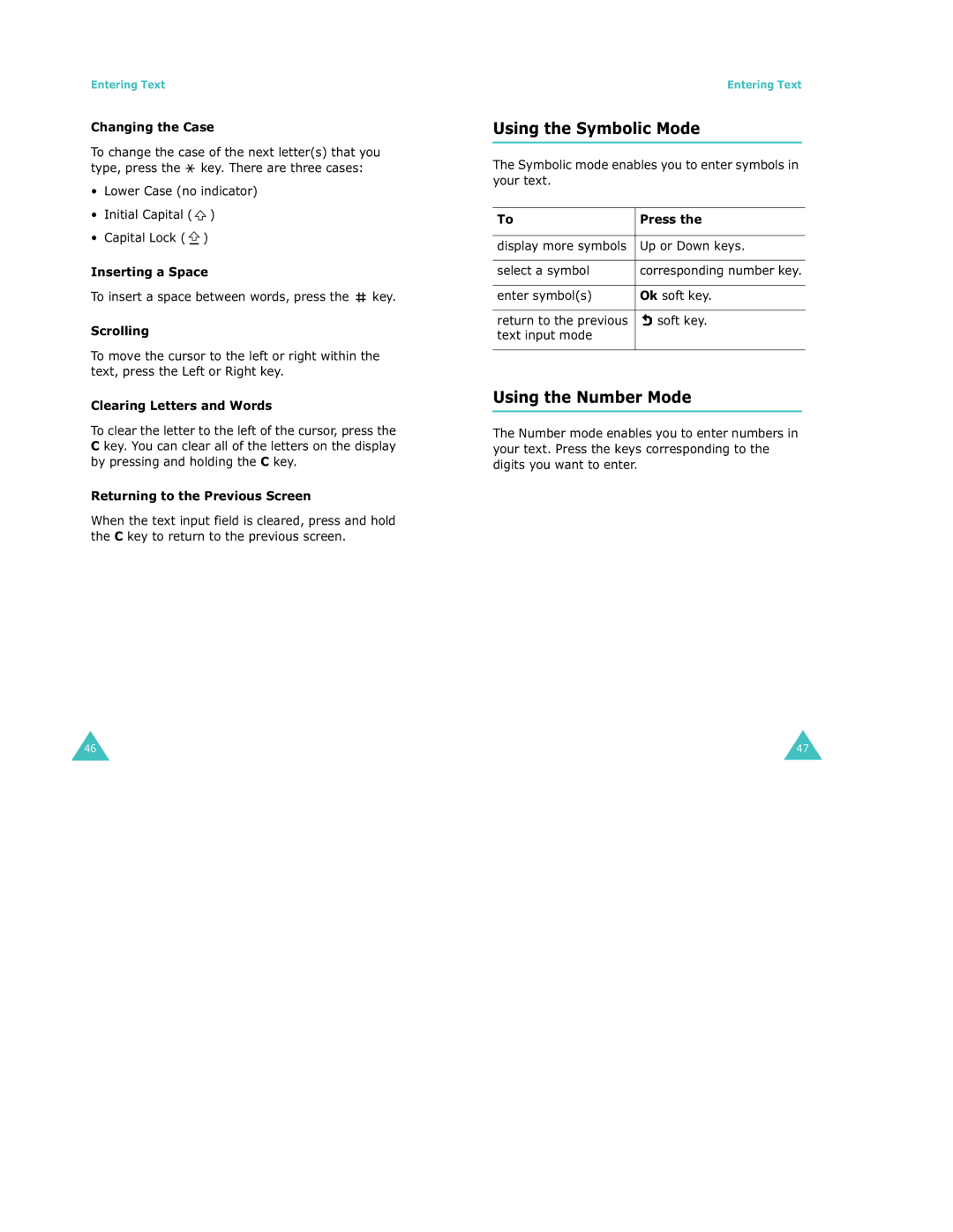 Samsung S500 manual Using the Symbolic Mode, Using the Number Mode 