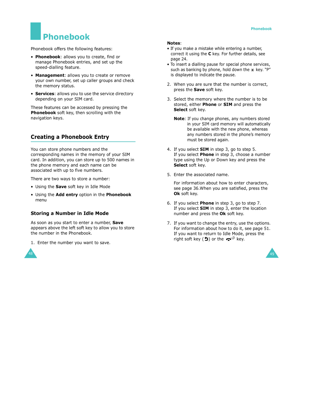 Samsung S500 manual Creating a Phonebook Entry, Storing a Number in Idle Mode 