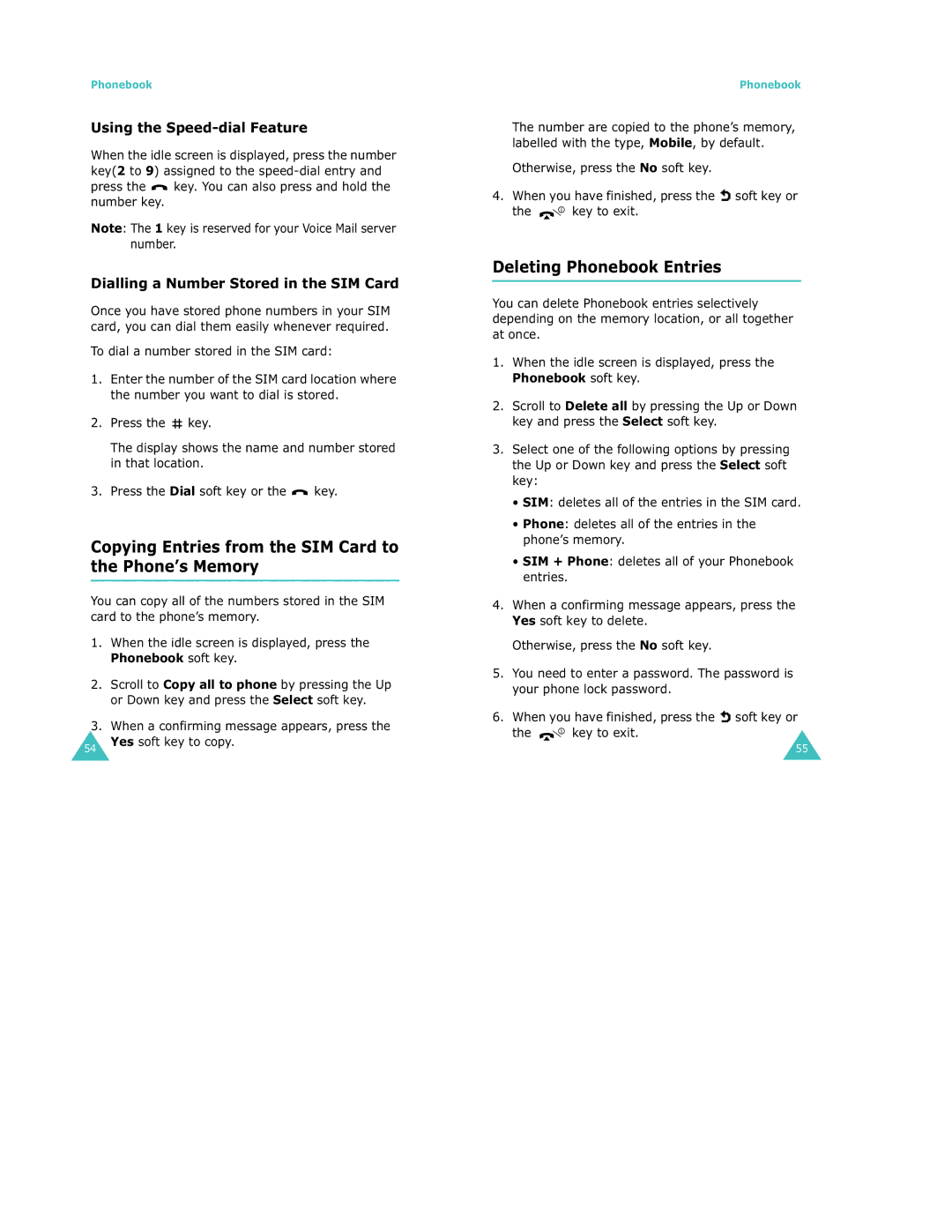 Samsung S500 manual Copying Entries from the SIM Card to the Phone’s Memory, Deleting Phonebook Entries 