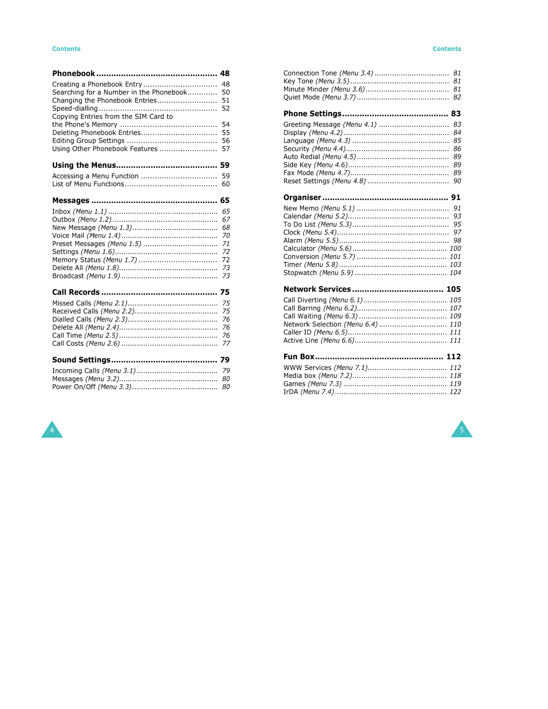 Samsung S500 manual 105, 112 