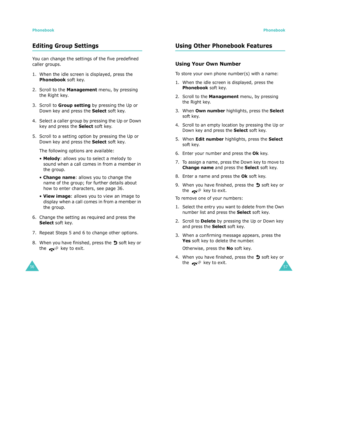 Samsung S500 manual Editing Group Settings, Using Other Phonebook Features, Using Your Own Number 