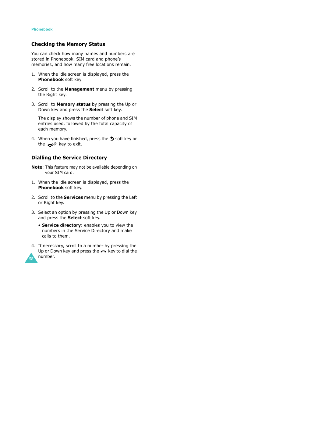 Samsung S500 manual Checking the Memory Status, Dialling the Service Directory 